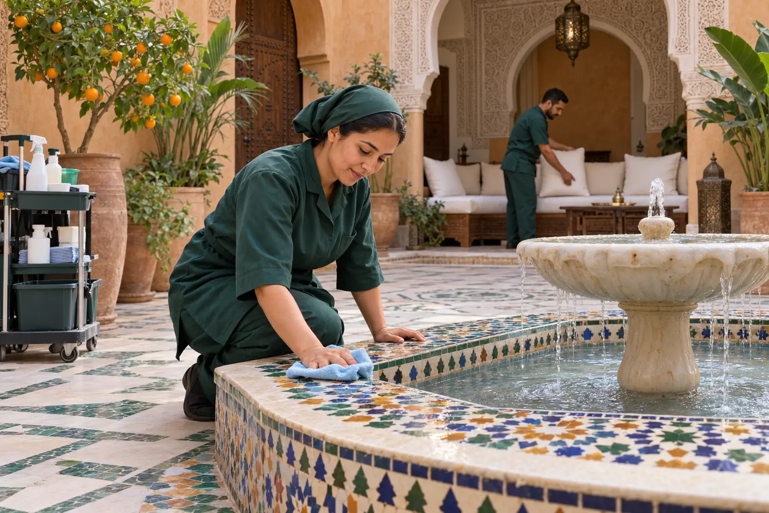 Agente d’entretien nettoyant le zellige autour de la fontaine du patio d’un riad à Marrakech entre deux locations