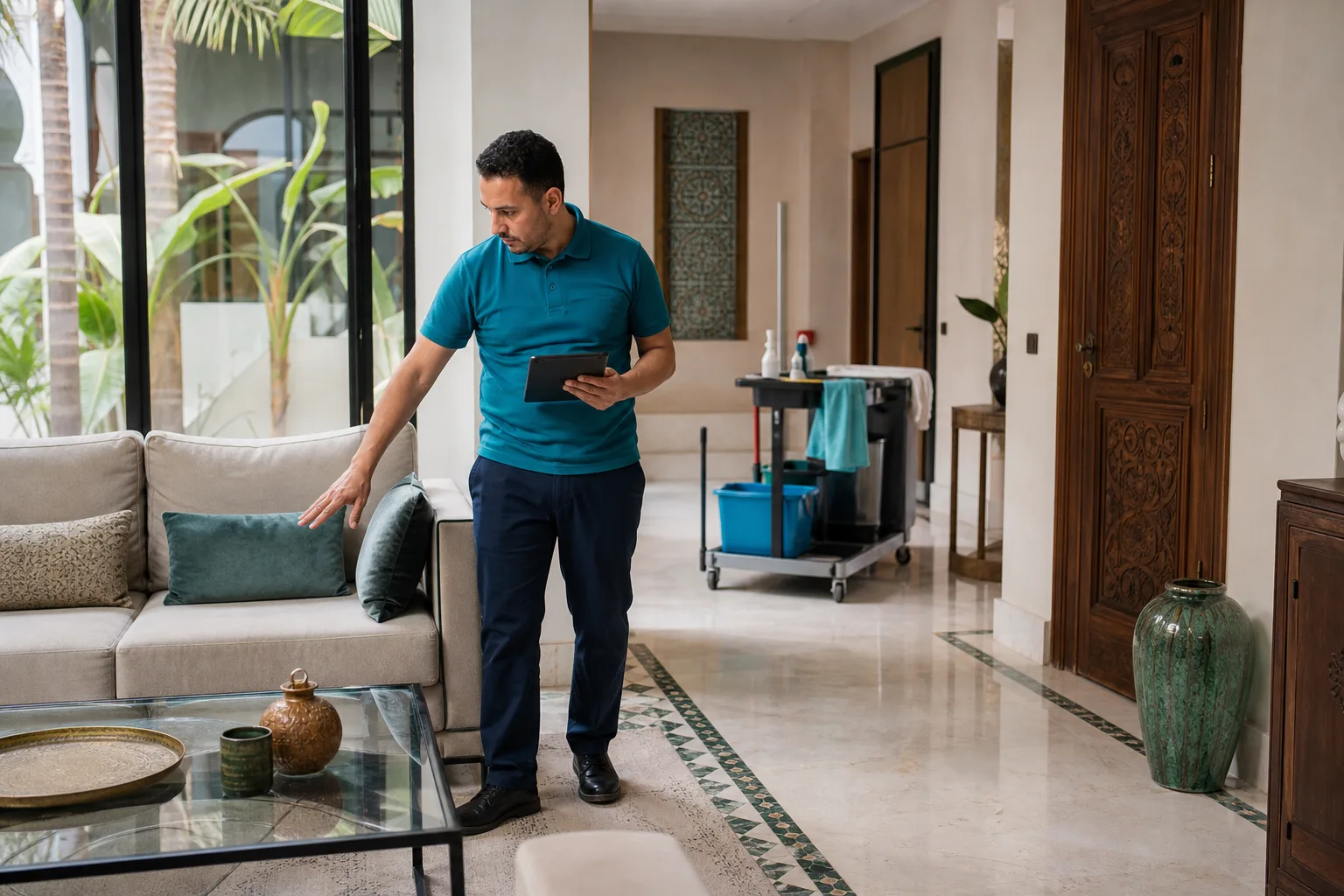 Technicien évaluant le rythme de nettoyage d’un salon aux surfaces variées à Marrakech