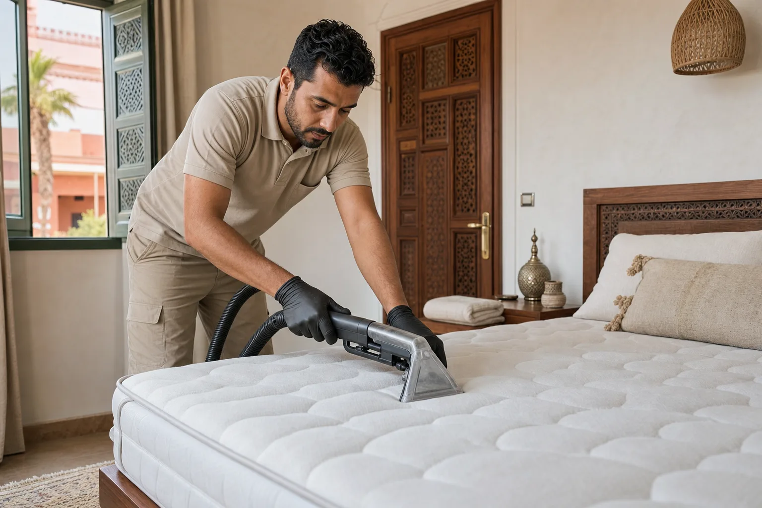 Technicien réalisant un nettoyage de matelas par injection-extraction à Marrakech